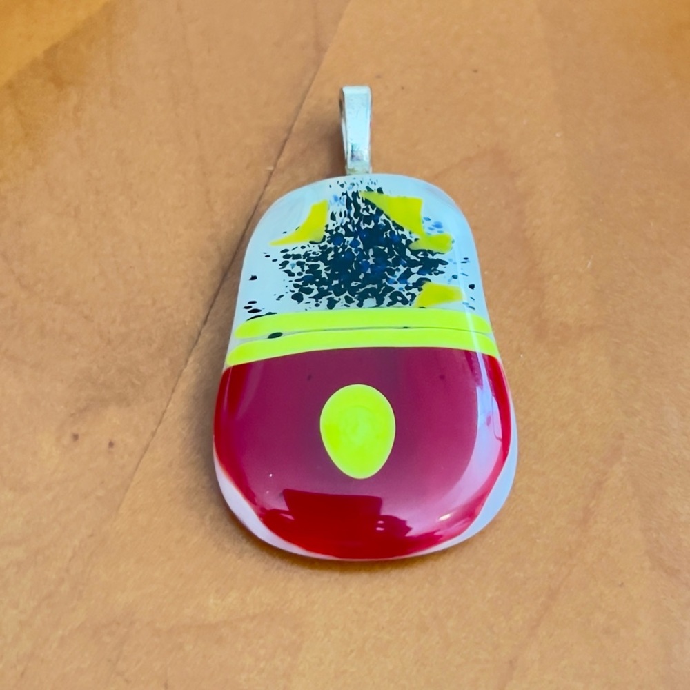 Artisan AJ Hallmarked Fused Glass Statement Pendant 16.49g Red Yellow Abstract